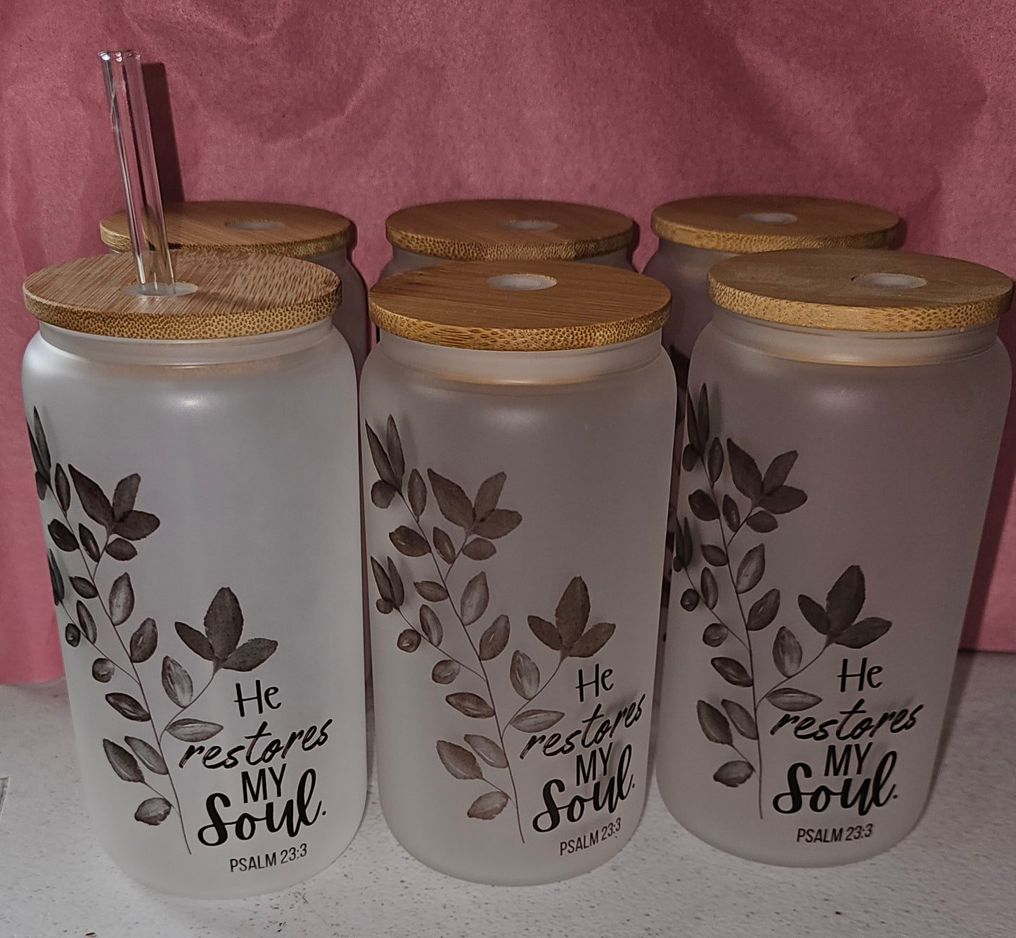 “He Restores My Soul” Frosted Glass Tumbler – 16oz